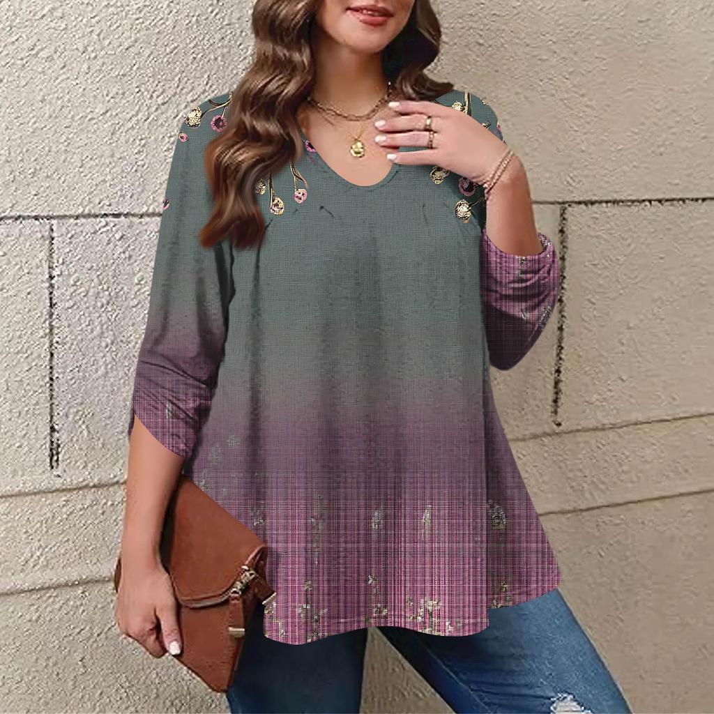Women's Plus Size Fashion Printed Casual Pleated Round Neck Long Sleeve Top