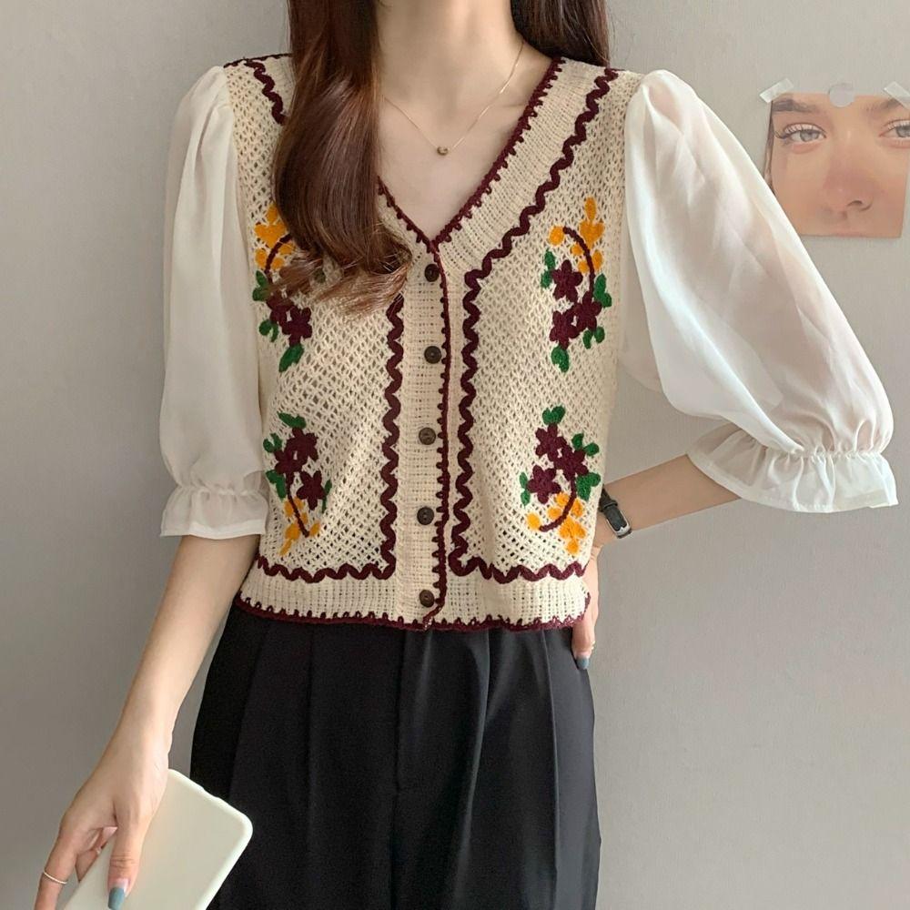Flower Embroidery Chiffon Sleeve Shirts Button Front Short Top New Crochet Blouse Women