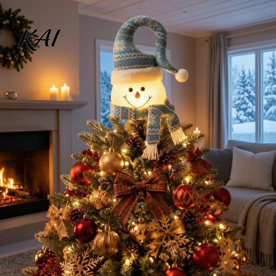 Plush Snowman Ornament Lighted Christmas Tree Topper, Glowing Star Hat with LED Light, Topper Winter Holiday Decor for Home And Indoor Top Decoration