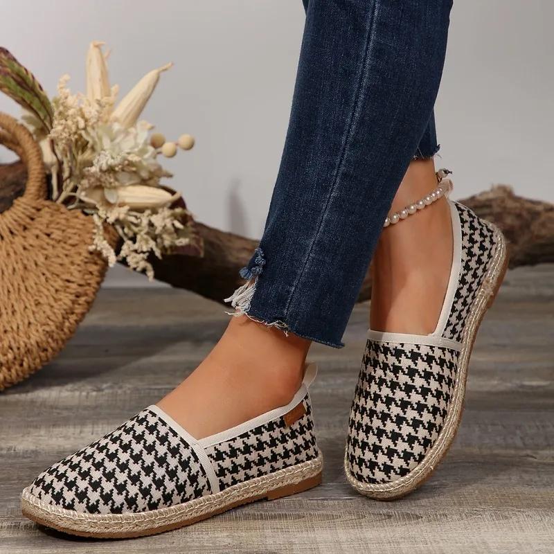Fashion Shoes for Women 2024 Fashion Autumn Slip On Women's Flats Round Toe Mixed Colors Houndstooth Casual Concise Flat Rubber Loafers
