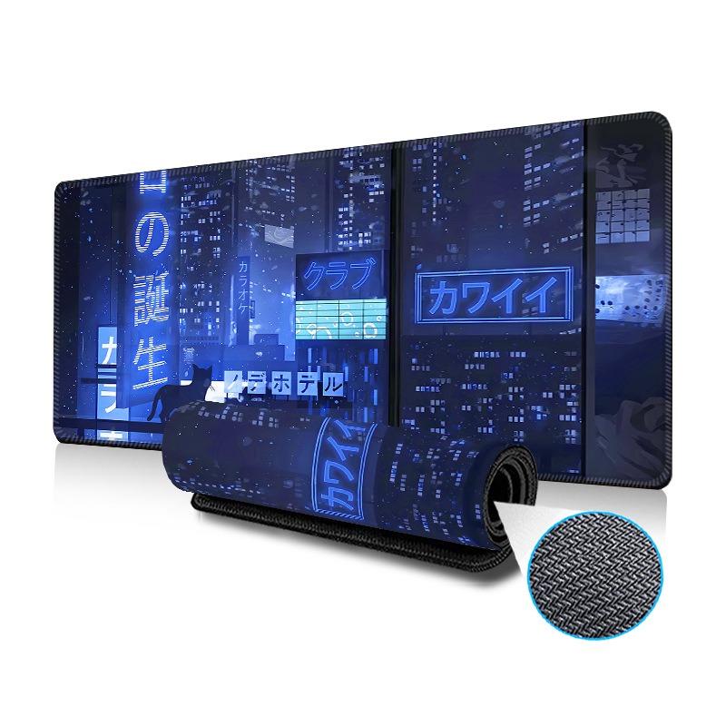 Коврик для игровой мыши, гладкая поверхность, прошитые края, японский киберпанк, 80x30 см