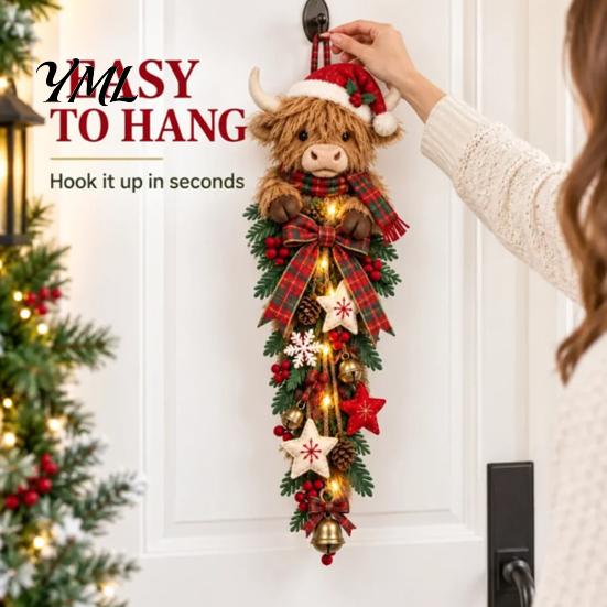 Traditional Red Green Holiday Ornament Lighted Highland Cow Christmas Door Swag, LED Hanging Decor with Plaid Ribbon Vertical Wreath And Berries,