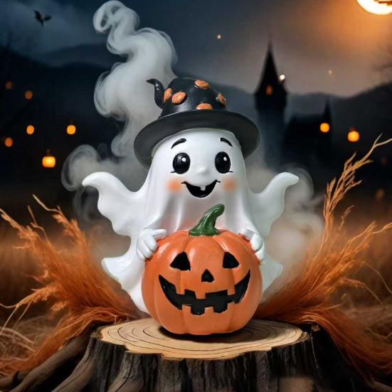 Halloween Ornament Ghost Holds Pumpkin Shape Realistic Pattern Sculpture Haunted House Fireplace Decor