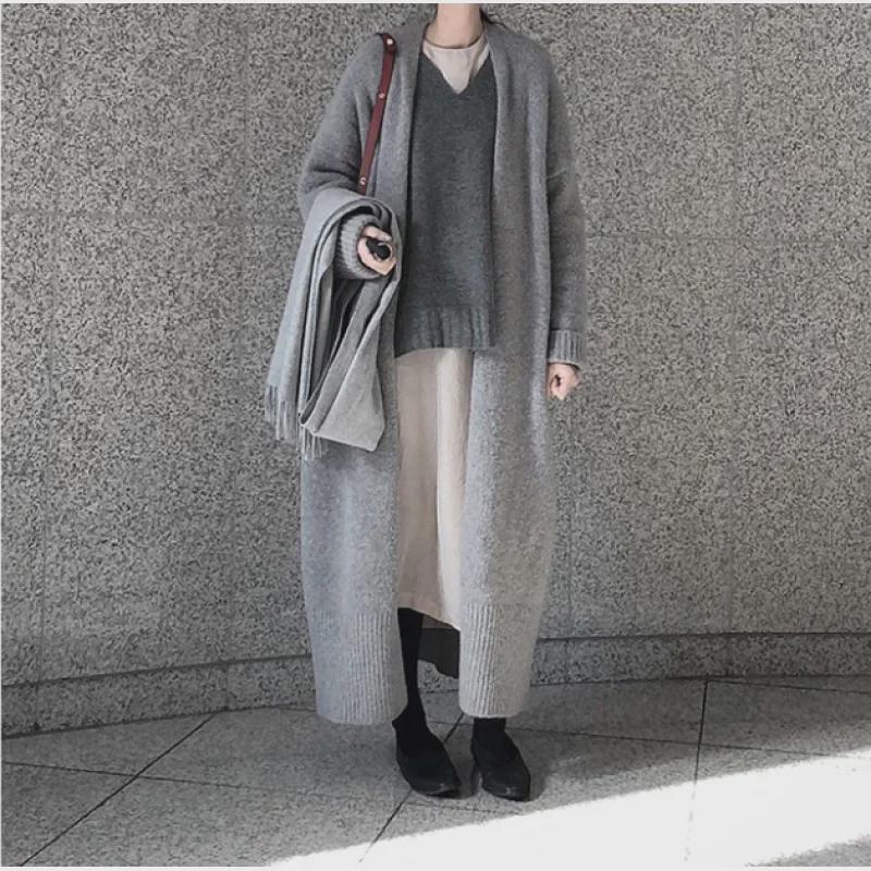 Корейский шикарный вязаный кардиган средней длины с разрезом на шнуровке - женский свитер-пальто на осень/зиму