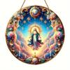 1pc 2d Flat Wood Christian Religion Mary Suncatcher, Translucent Stained Window Hanging, Round Wooden Sign- 20cm Porch, Wall, Home, Room, Cafe Holiday