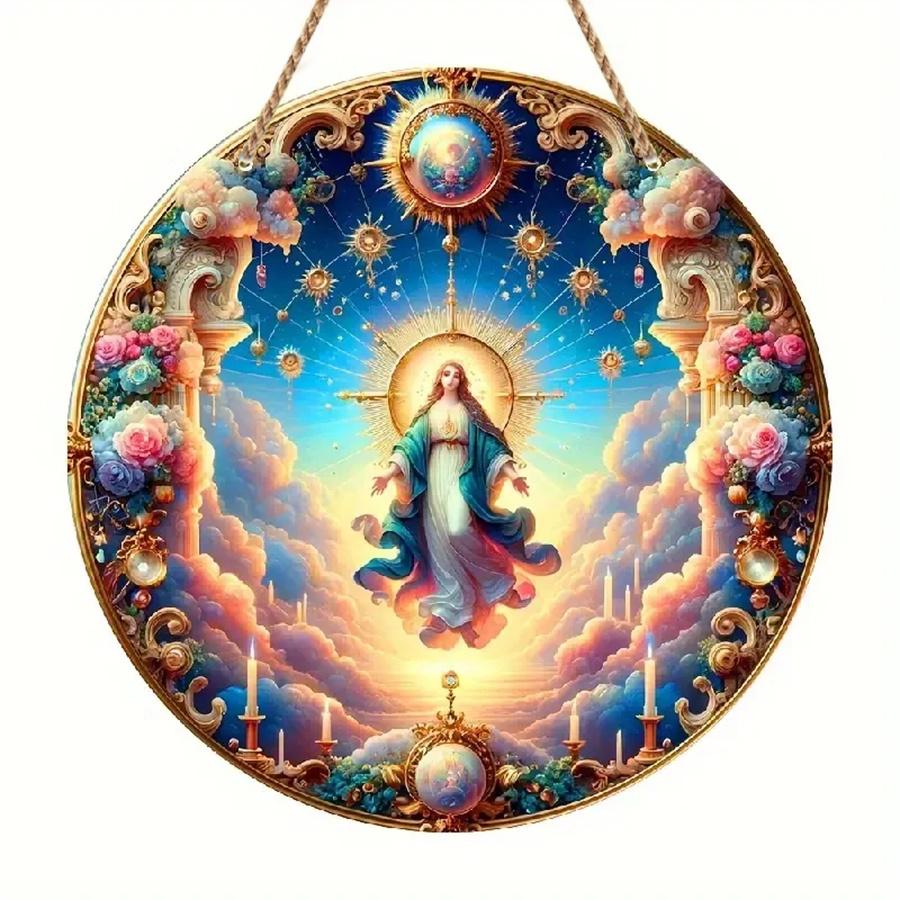 1pc 2d Flat Wood Christian Religion Mary Suncatcher, Translucent Stained Window Hanging, Round Wooden Sign- 20cm Porch, Wall, Home, Room, Cafe Holiday