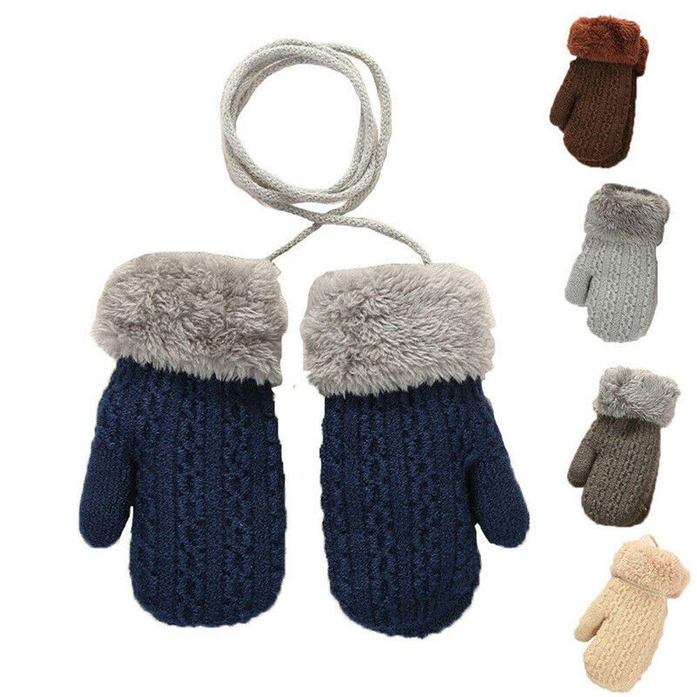 1-4 Years Baby Boys Girls Faux Fur Hanging Neck Cute Cartoon Knitted Mittens Kids Gloves Thick Warm