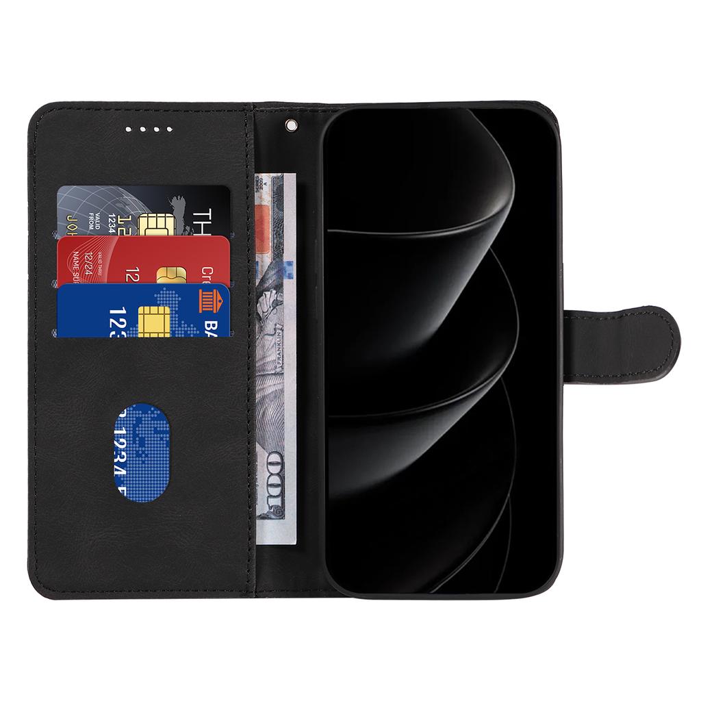 For iPhone 17 Pro Max Wallet Case Leather Phone Cover Stand with Curved Line Design