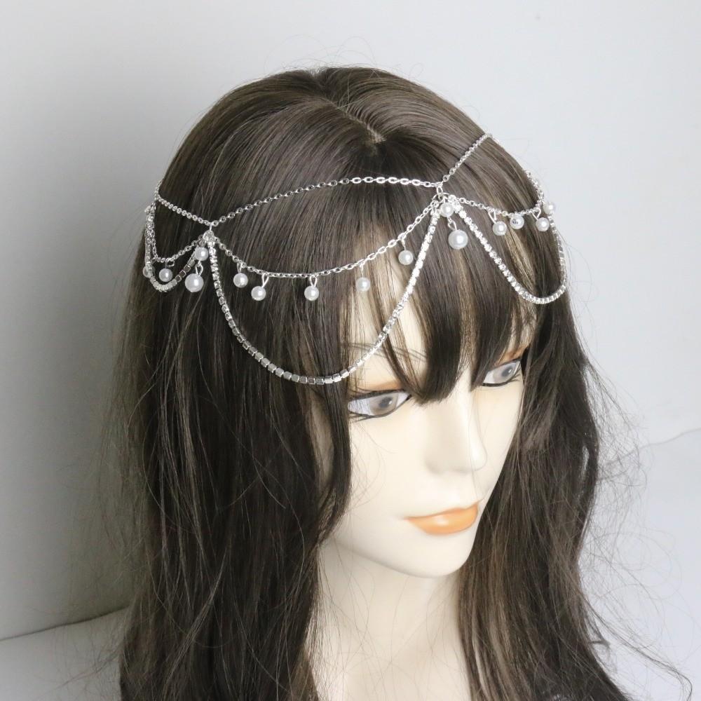 Full Rhinestone Head Chain Headpiece Pearls Tassel Crystal Meshes Headbands Hair Accessories