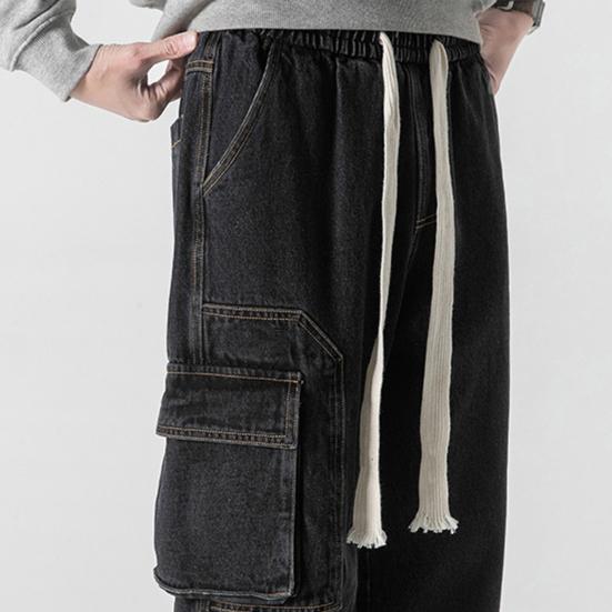 Мужские летние повседневные джинсы с эластичной резинкой на талии, прямые широкие джинсовые брюки с несколькими карманами, дизайнерские длинные брюки, уличная одежда