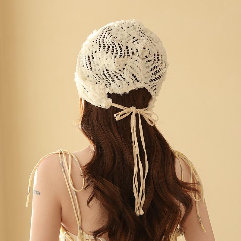Bohemian style tie-back beanie for women, spring and autumn hollow-out floral knitted hat, breathable and versatile headwrap