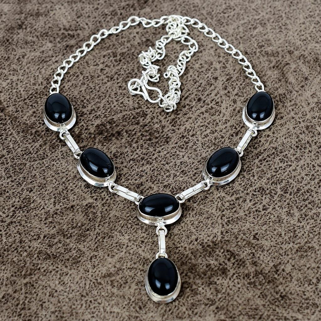 Black Onyx Gemstone Handmade 925 Sterling Silver Jewelry Necklace 18" KKG-402