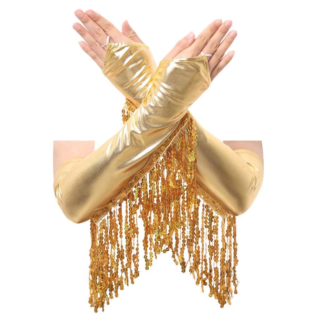Перчатки без пальцев до локтя для взрослых: Искрящиеся Пайетки, Дизайн с Кисточками, Металлические Блестящие Перчатки для Сцены, Оперы, Косплея и Вечеринок