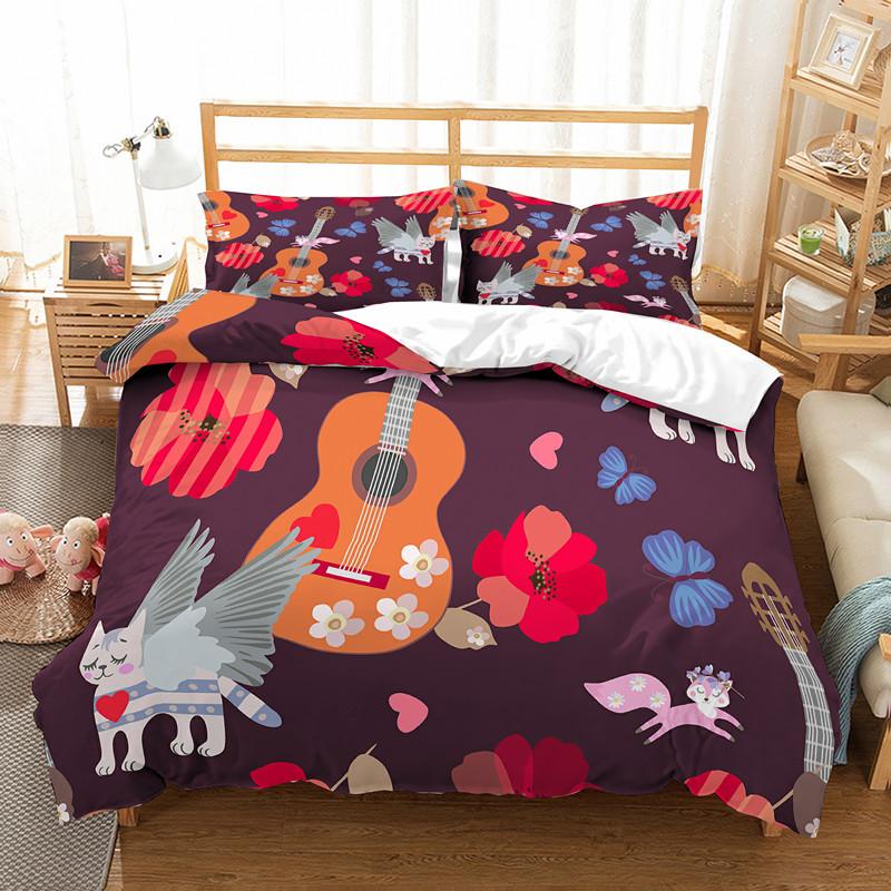 Кошка Цветы Король Королева Пододеяльник Мультяшный Китти Цветочный Постельный Комплект Для Детей Милые Животные Черный 2/3шт Полиэстер Чехол для Одеяла