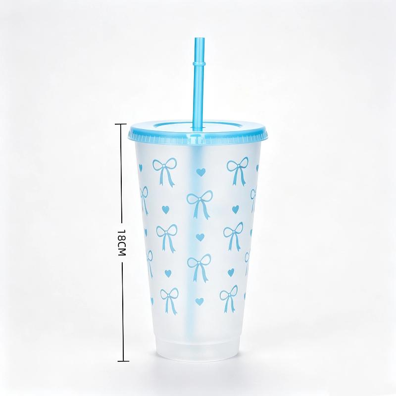 Portable Leak-proof Bowknot Plastic Cup 710ml/24OZ with Straw & Lid Reusable Water Cup for Summer Home School Daily Use