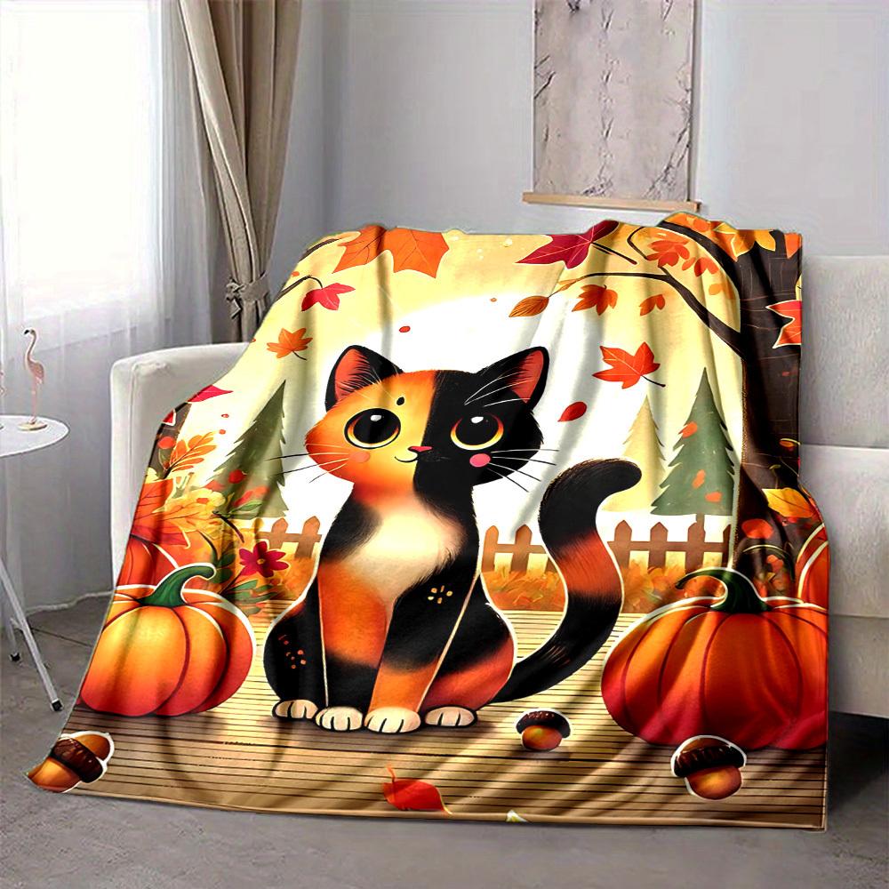1pc Autumn Cat Print Blanket - Lightweight Flannel Throw Blanket For Sofa, Bed, Living Room, Office, Outdoor Travel, Camping, Soft All-Season103