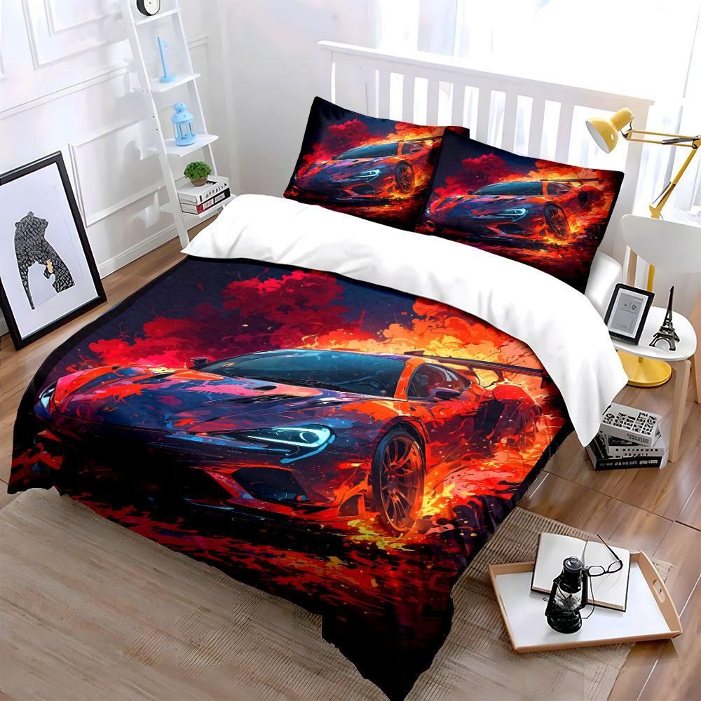 "Flaming Race Car Bedding Set" Bedding Duvet Cover Set Duvet Cover Pillowcases (1 * Duvet Cover 2 * Pillowcases, without duvet insert)