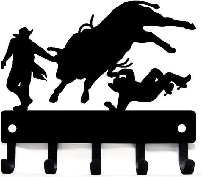 1pc Cowboy Bull Rider Rodeo Clowns Key Rack Hanger - 9 Inch Wide Metal Wall Art for Western Decor