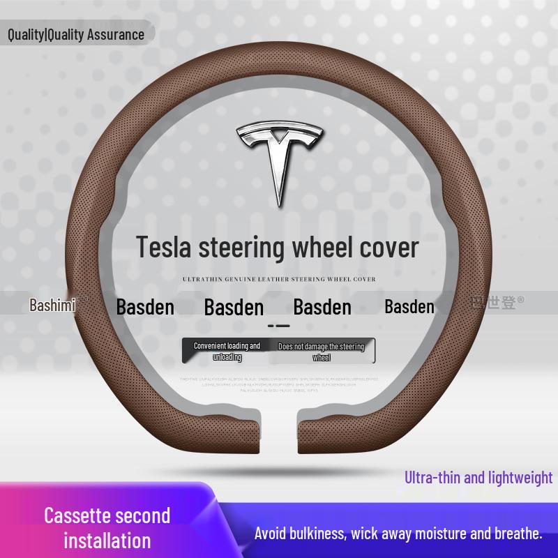Genuine Leather Steering Wheel Cover for Tesla Model Y, 3, X, S