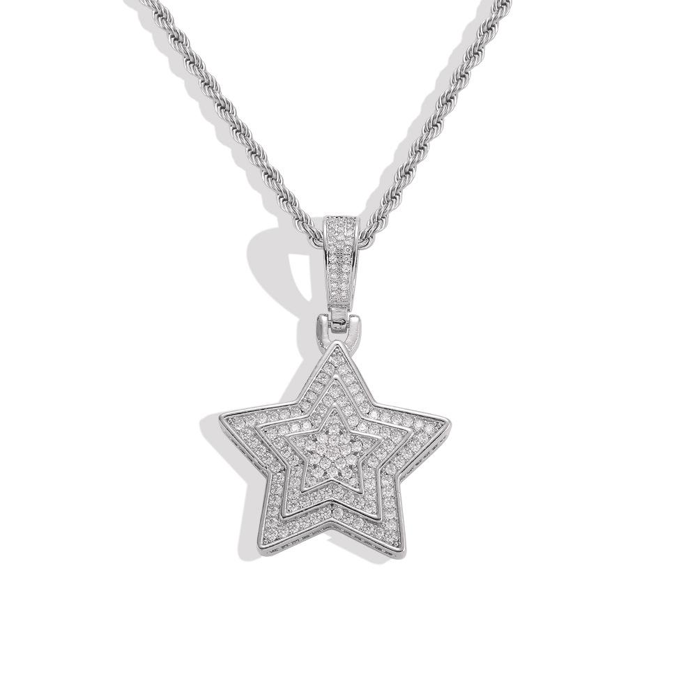 European and American Hip-hop Necklace, Three-layer Five-pointed Star Copper Inlaid Zircon Couple Pendant Neck Chain, Hipster Street Pendant.