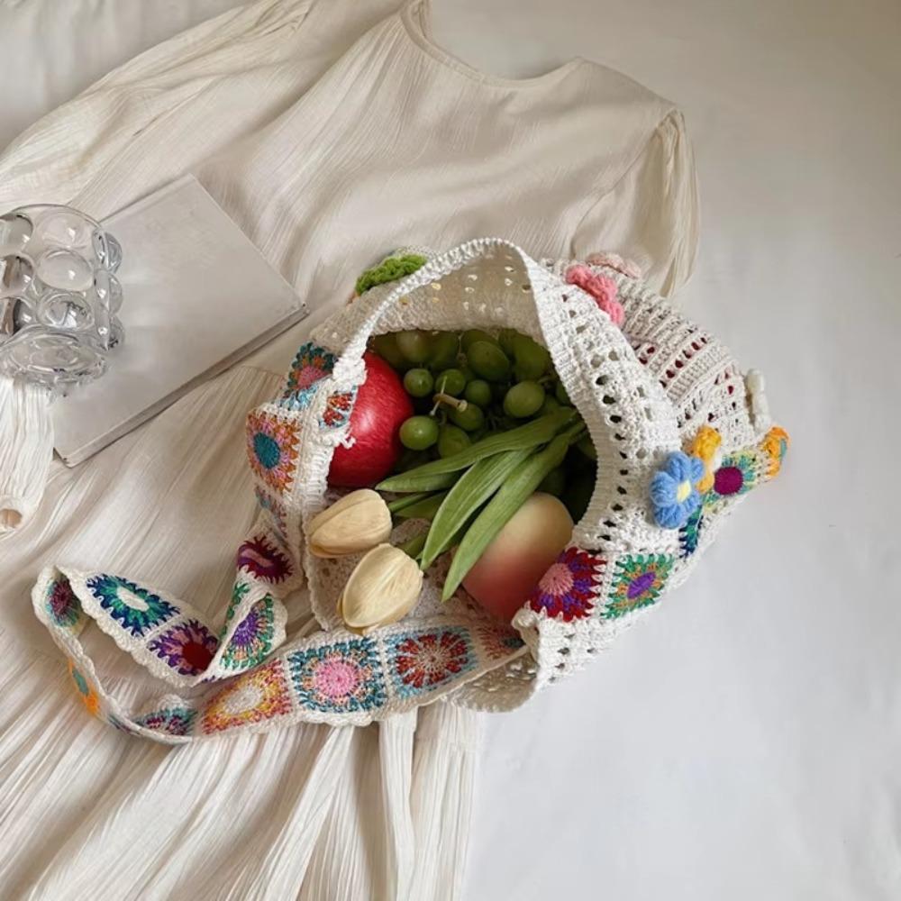 Fashion Large Capacity Women Shoulder Bag Boho Floral Crochet Multicolor Hollow Out Knitted Crossbody Bags