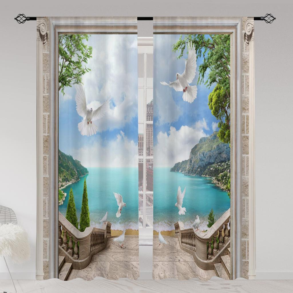 2pcs Landscape Seaside Coconut Tree Blue Sky White Cloud Printed Translucent Curtain Multi-scene Polyester Rod Pocket Decorative