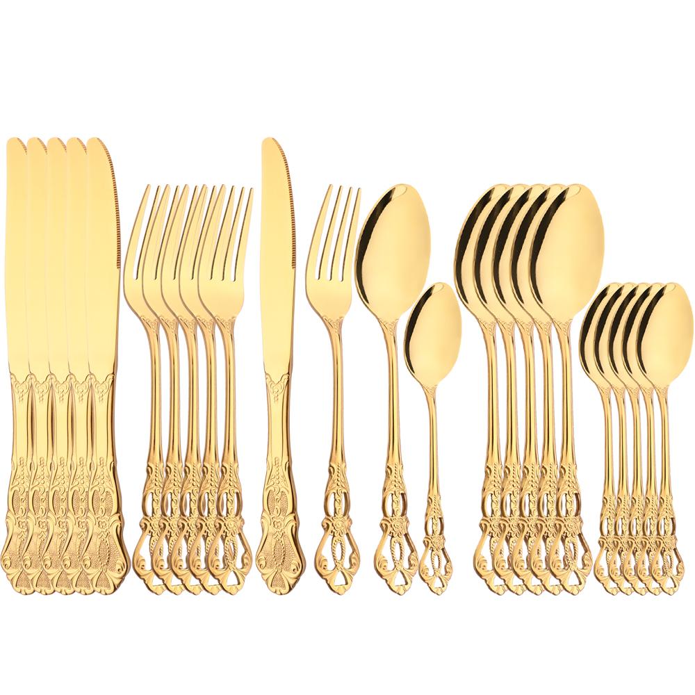 24pcs Gold Cutlery Set Royal Dinnerware Stainless Steel Silverware Spoon Fork Knife Kitchen Silverware Set Western Tableware