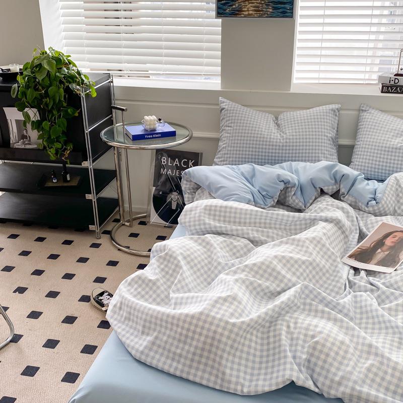 Простыня в клетку из четырех предметов и пододеяльник в японском стиле в скандинавском стиле, набор из трех предметов из стираного хлопка с начесом