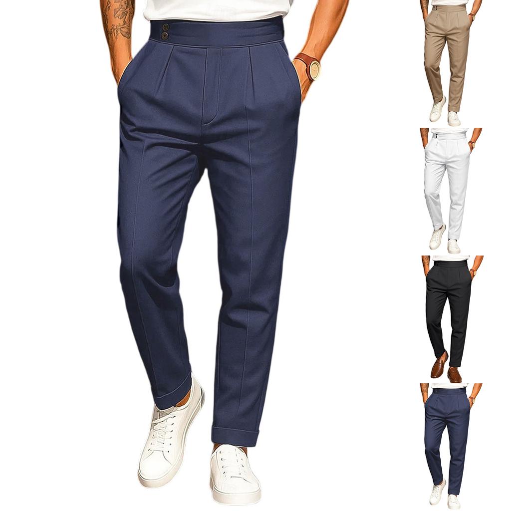 Men's Solid Color Double Button Drape Pants High Waist Straight Casual Suit Pants