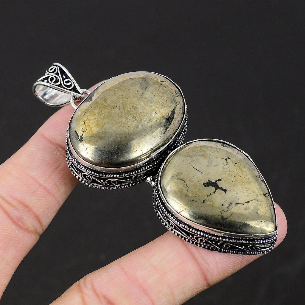 Подвеска из стерлингового серебра 925 пробы ручной работы с золотым драгоценным камнем из пирита, подвеска из драгоценного камня с двойным пиритом, ожерелье с подвеской из пирита для женщин