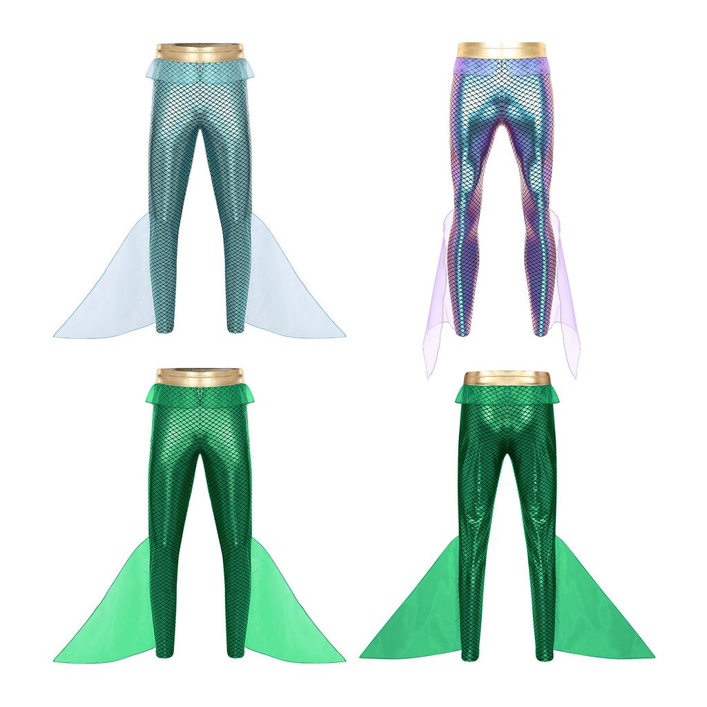 Mens Mermaid Pants King of the Seas Costume Elastic Waist Metallic Shiny Fishscale Print Tights Leggings for Halloween Cosplay