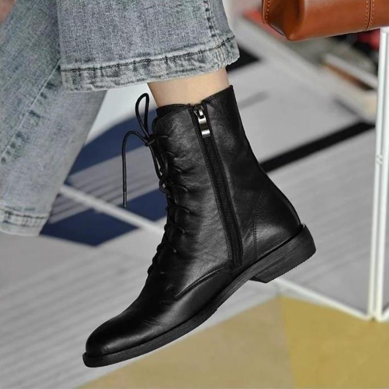 Fashion Concise Style Lace Up Black Ankle Boots Women Luxury Zip Soft Leather Riding Boots Autumn Winter Comfortable Flat Botas Mujer