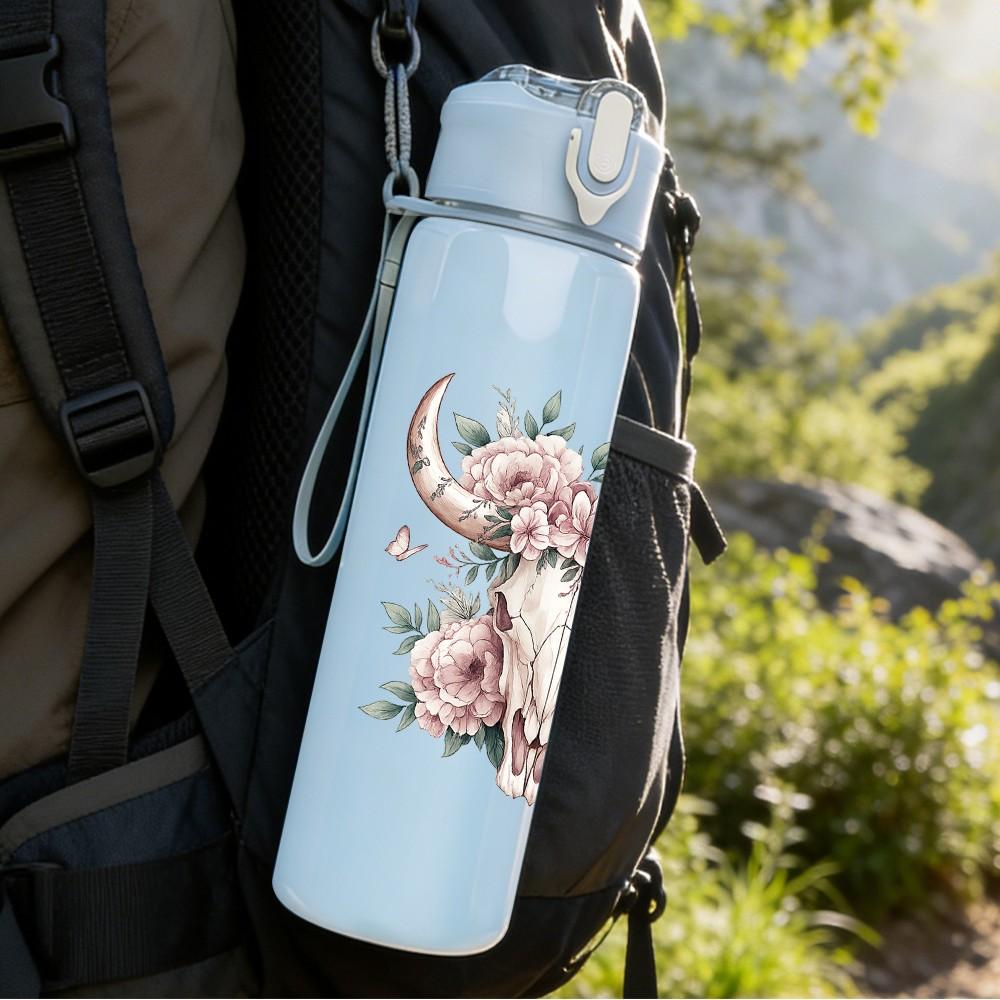 1PC Cow Skull Rose Western Floral Print 750ml Color Plastic Sports Water Bottle Leakproof Flip Straw Lid Suitable for Sports Office Home Use