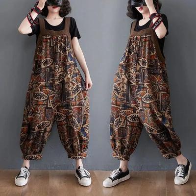 Комбинезон в стиле ретро с французским принтом, летние женские свободные укороченные брюки, закрывающие мясо, цельные шаровары в стиле вестерн