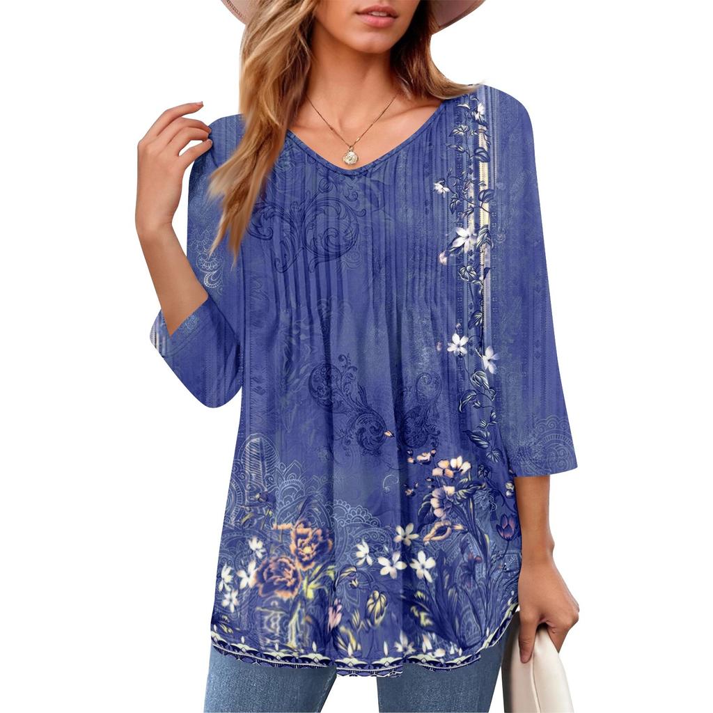 Женские топы с V-образным вырезом и рукавом три четверти в полоску, плиссированные, повседневные, летние, модные, рубашки