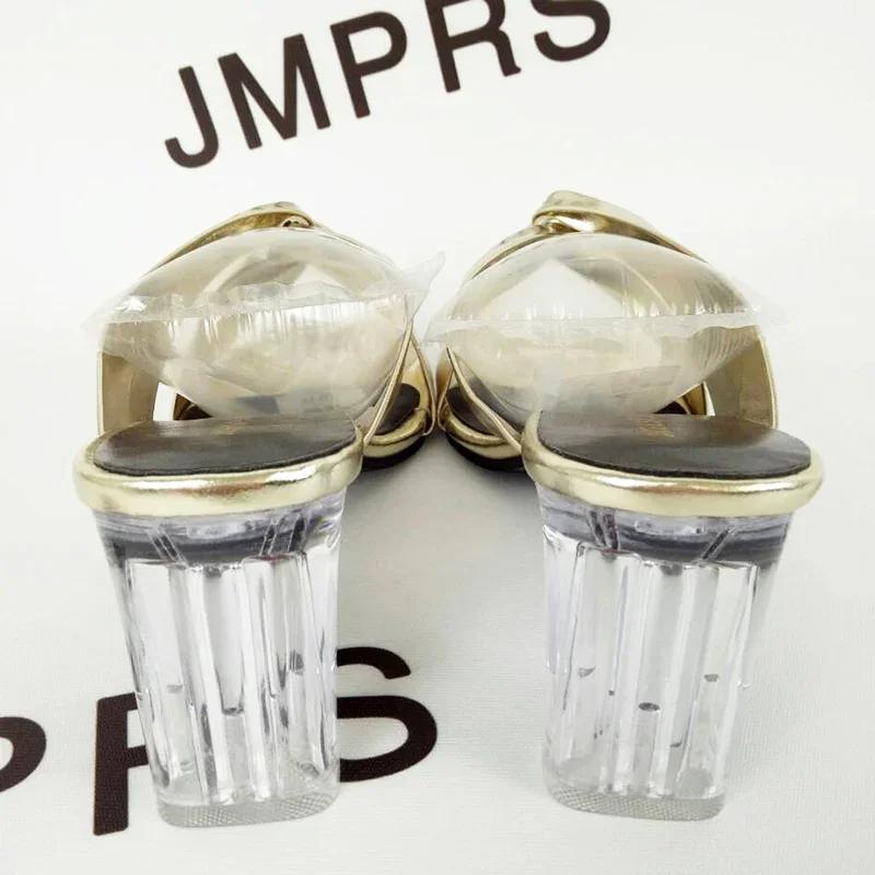 Женские тапочки на высоком каблуке с перекрестными ремешками 2024 года, летние роскошные золотистые босоножки с квадратным носком, женские дизайнерские прозрачные шлепанцы на каблуке для женщин