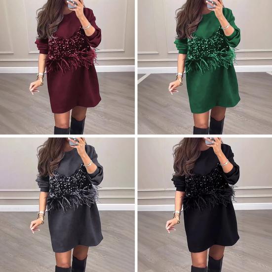 Весна Осень Женское Платье Блестки Перья Декор Поддельные Две Части Круглый Вырез Длинный