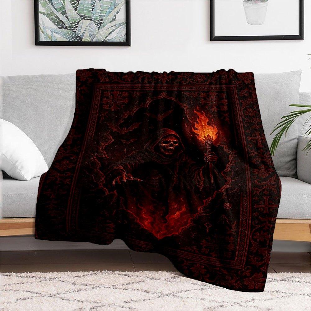 "Dark Fantasy Reaper with Flames Wall Art Print"Blanket Flannel Throw Blanket for Sofa, Bed, Travel, Camping, Office, Couch, Chair, And Bed