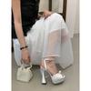 Pesstwei New Summer Fashion Peep Toe Sandals Women Buckle Strap Mesh Satin Pearl Square Heels Party Shoes Zapatos De Mujer