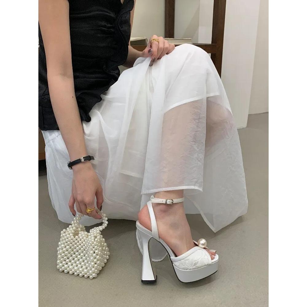 Pesstwei New Summer Fashion Peep Toe Sandals Women Buckle Strap Mesh Satin Pearl Square Heels Party Shoes Zapatos De Mujer