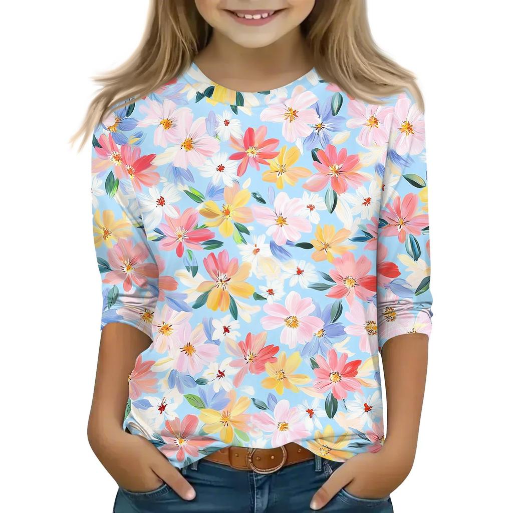 Print Tops For Youth Girls 5-16 Years Round Neck 3/4 Sleeves T-Shirts Trendy Tops Outfit Tees
