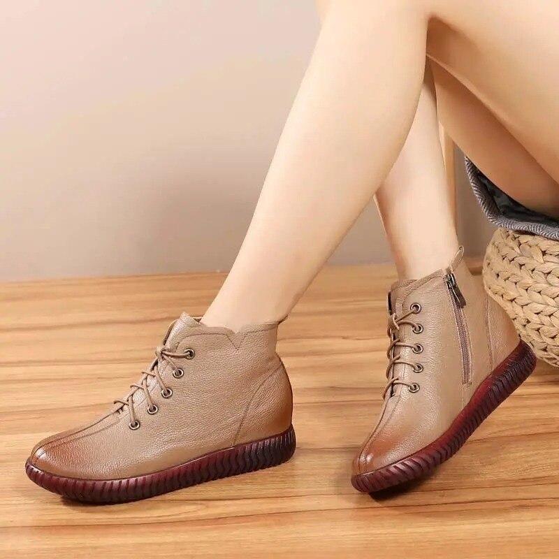 Ботильоны на плоской подошве со шнуровкой для женщин, высокие кожаные туфли, короткие плюшевые ботинки, женская осенняя обувь, женские демисезонные ботинки