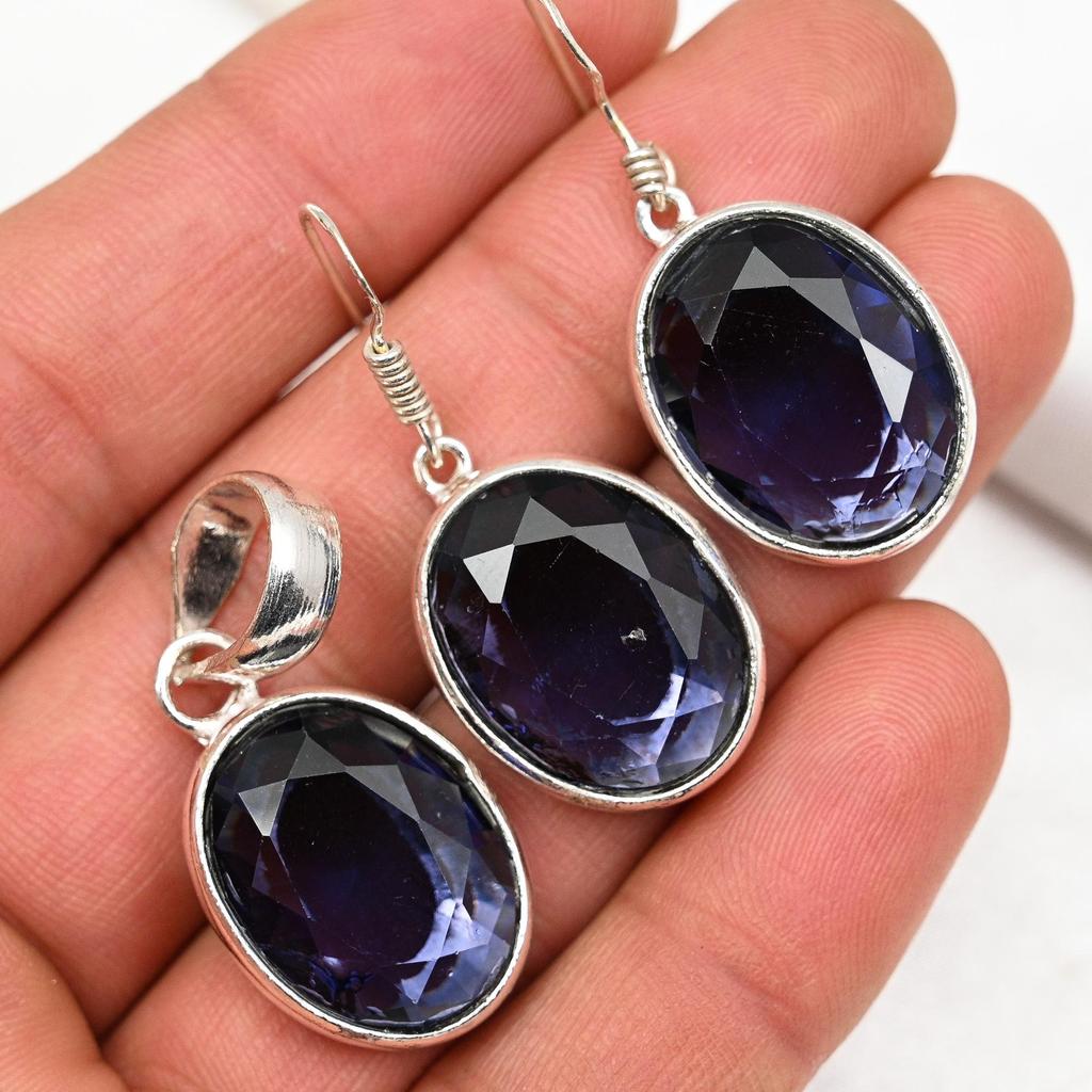 Серьги с аметистом, комплект украшений с подвеской из драгоценных камней, серьги из чистого серебра 925 пробы, подарок для женщин, комплект украшений с подвеской ручной работы