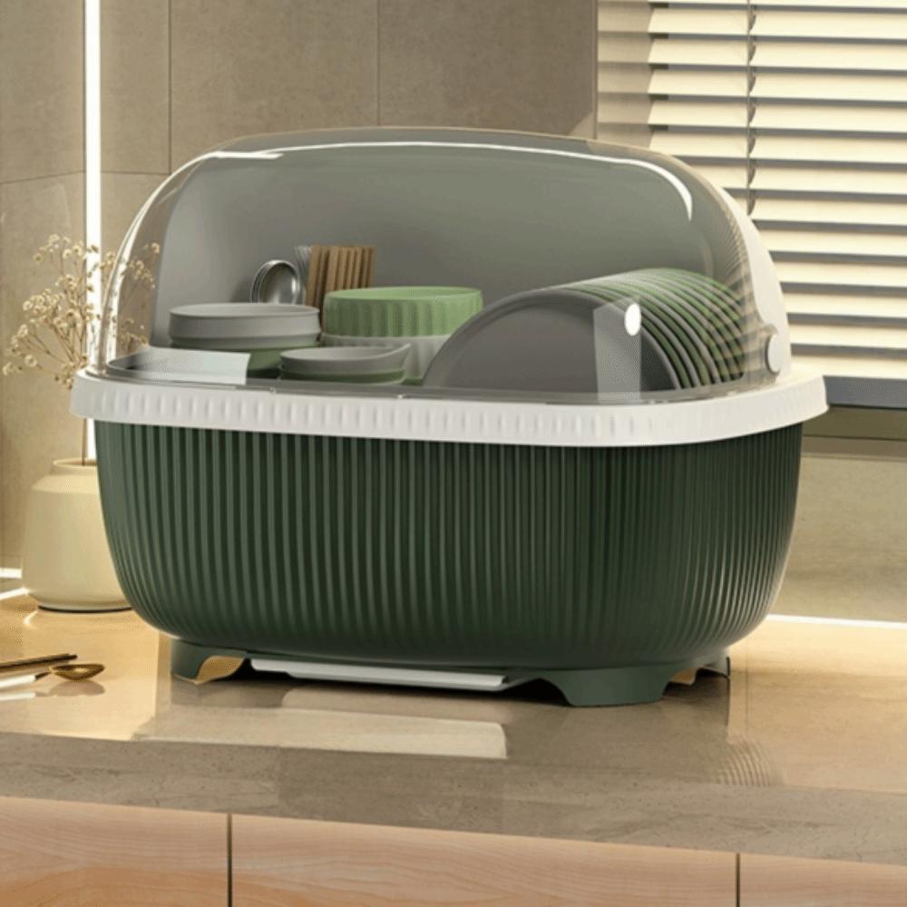 Large Capacity Dish Drainer With Roof Cover Plastic Multifunctional Dish Storage Rack with Drain Board Cupboard