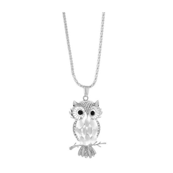 Owl Necklace Sweater Chain Faux Opal Rhinestone Decor Alloy Clothes Jewelry Dating Prom Party Garment Decoration Necklace