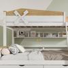 Bunk Bed with Windmill, Shelves, Color-Contrasted Safety Rail, Four-Step Angled Ladder and Drawers, Pine+MDF, White+Natural, 90x200cm&140x200cm