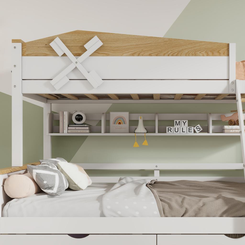 Bunk Bed with Windmill, Shelves, Color-Contrasted Safety Rail, Four-Step Angled Ladder and Drawers, Pine+MDF, White+Natural, 90x200cm&140x200cm