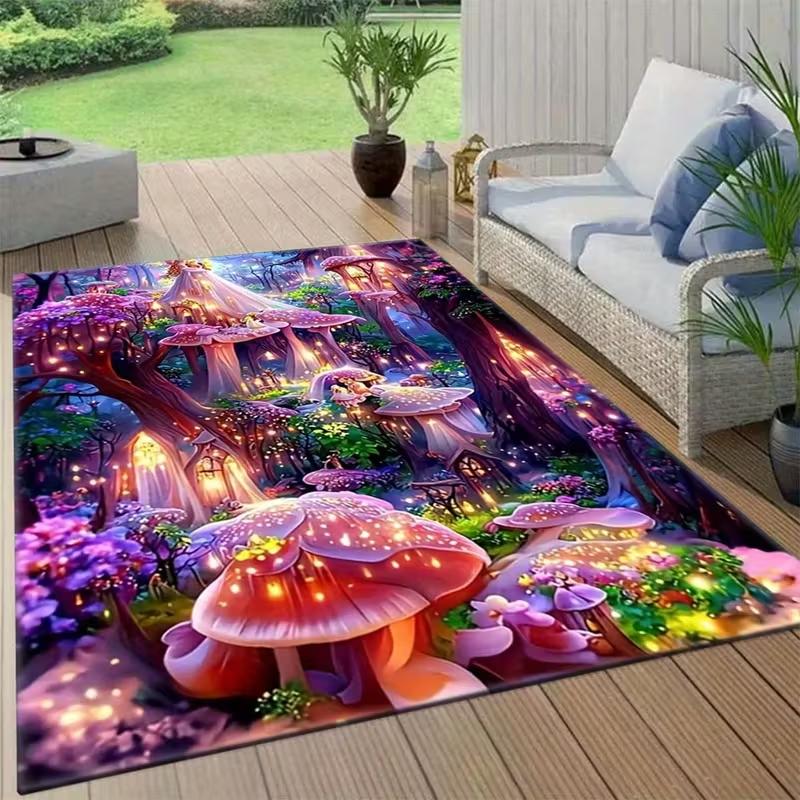 Mushroom Forest Printed Carpet Anti Slip Aesthetic Carpet Living Room Bedroom Dining Room Large Floor Mat Moon and Star Patterns
