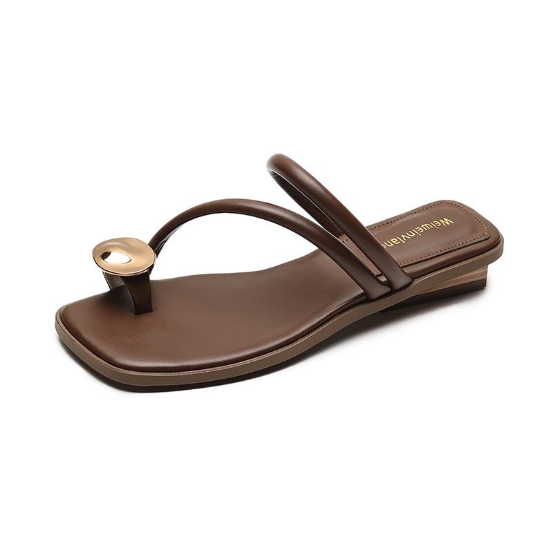 Toe cool slippers women's summer wear one word with flat bottom slippers large size women's shoes