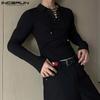 INCERUN Men Lace Up Lapel Neck Long Sleeve Tops Casual Bandage Pullovers Blouse